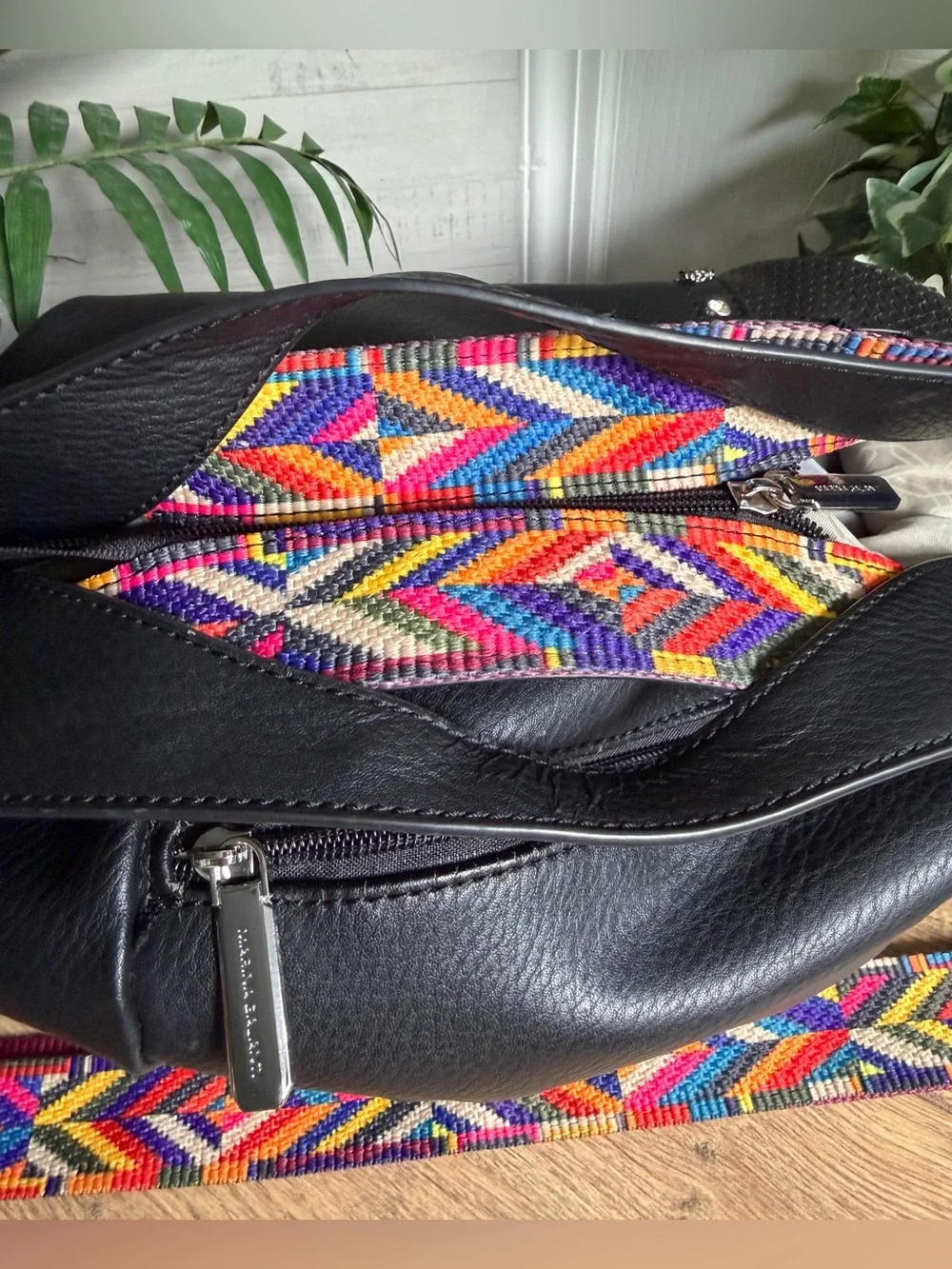 Marina Galanti Black VL Hobo Tote Bag w/Studs & Removable Colorful Strap